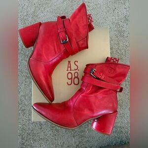LIKE NEW A.S.98 ENZO HEELED MOTO BOOTS, CHERRY RED, SIZE 40